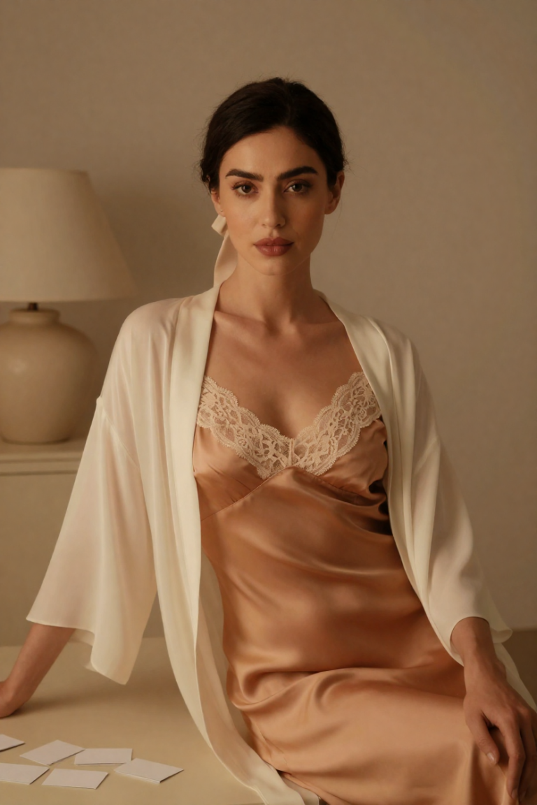 ChuhaiTool muse in an apricot silk slip dress with cream lace and an ivory robe, seated at a desk